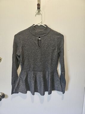Metallic Gray Peplum Long-Sleeve Top